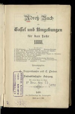 Jg. 55.1888: Adreß-Buch von Cassel und Umgebungen : für das Jahr 1888