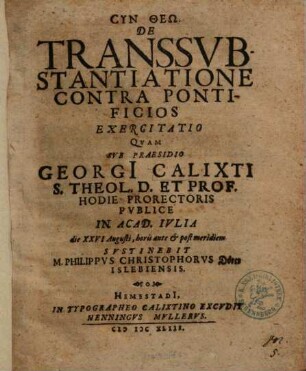 De transsubstantiatione contra pontificios exercitatio, [1]