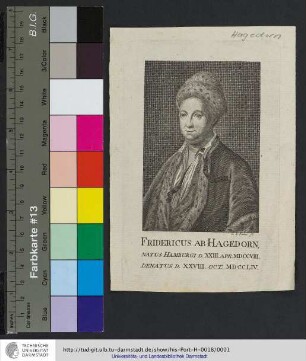 Fridericus Ab Hagedorn : Natus Hamburgi D. XXIII. Apr. MDCCVIII. Denatus D. XXVIII. Oct. MDCCLIV.