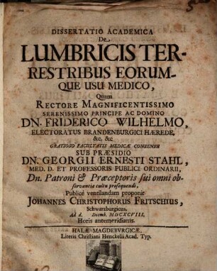 Dissertatio Academica De Lumbricis Terrestribus Eorumque Usu Medico