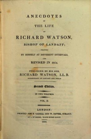 Anecdotes of the life of Richard Watson, Bishop of Landaff : In Two Volumes. 2