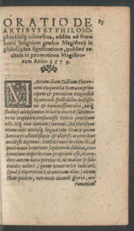 Oratio De Artibus Et Philosophia eiusque cultoribus ... Anno 1579.