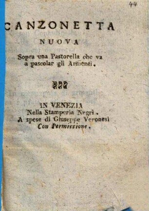 Canzonetta nuova sopra una pastorella che va a pascolar gli armenti