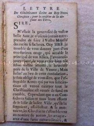 Ironischer Brief an Louis XIV. von Frankreich zur Niederlage der Türken vor Wien
