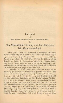 Referat des Herrn Geheimen Justizrat Professor Dr. Otto Gierke (Berlin) über die Bodenbesitzverteilung und die Sicherung des Kleingrundbesitzes