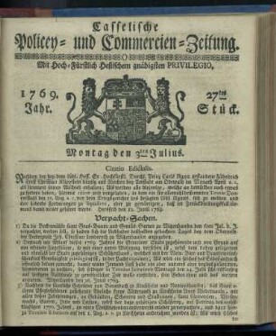 27tes Stueck, Montag den 3ten Julius 1769