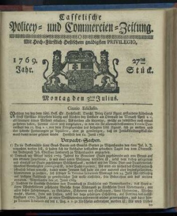 27tes Stueck, Montag den 3ten Julius 1769