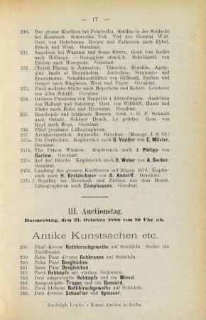 III. Auctionstag. Donnerstag, den 21. October 1886 von 10 Uhr ab. Antike Kunstsachen etc.