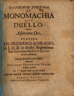 Disp. iur. de monomachia sive duello