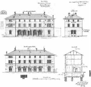 Ellwangen: Empfangsgebäude Querschnitt,Ansichten
