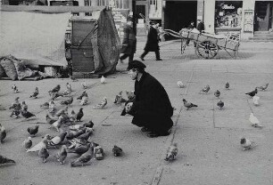 Mann mit Tauben neben einem Marktstand