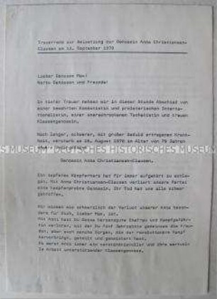 Maschinenschriftliche Abschrift der Trauerrede für Anna Christiansen-Clausen