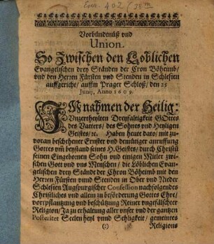 Verbündniß und Union ... zwischen den evangelischen drey Ständen der Cron Böheimb ... und den Stenden in Schleßien