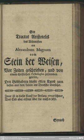 [IV.] Ein Tractat Aristotelis des Alchimisten an Alexandrum Magnum vom Stein der Weisen ...