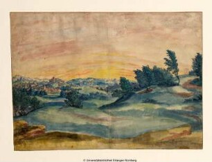 Große Landschaft mit einer Stadt (Jerusalem) links im bergigen Hintergrunde. Rechts auf einer Anhöhe eine Richtstätte (Golgatha)