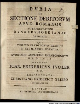 Dvbia De Sectione Debitorvm Apvd Romanos Interpretationi Bynkershoekianae Opposita