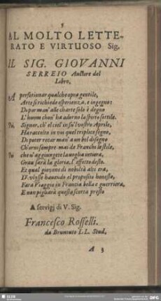 Al Molto Letterato E Virtuoso Sig. Lil Sig. Giovanni Serreio Auctore del Libro