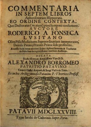 Roderici a Fonseca Commentaria in septem libros aphorismorum Hippocratis