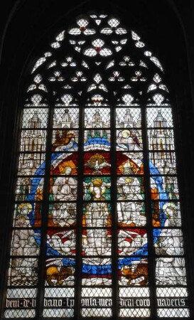 Belgien. Antwerpen. Lier. Kollegiatskirche Sint Gummarus zu Lier. Glasfenster Krönung unserer Lieben Frau. 15 Jahrhundert. Schule von Brabant