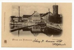 "Gruß aus Heilbronn" - Bollwerksturm mit Papierfabrik Schaeuffelen und Neckarwehr