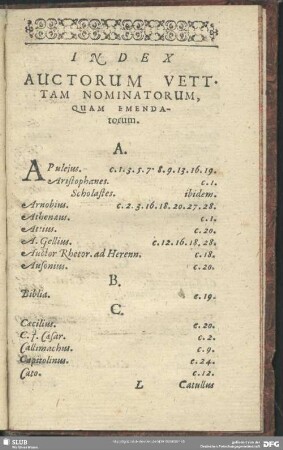 Index Auctorum Vett [sic] Tam Nominatorum, Quam Emendatorum