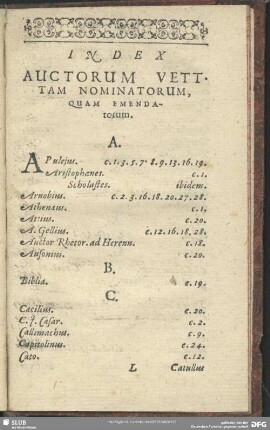 Index Auctorum Vett [sic] Tam Nominatorum, Quam Emendatorum