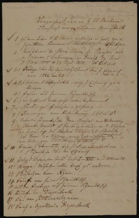 Verzeichnis der in Clemens Brentanos Nachlass vorgefundenen Manuskripte, angefertigt von Emilie Brentano 1844