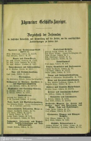 Allgemeiner Geschäfts-Anzeiger. Verzeichnis der Inserenten in sachlicher Uebersicht, mit Hinwei-sung auf die Seiten, wo die ausführlichen Ankündigungen zu finden sind.