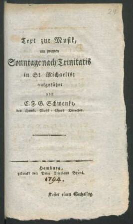 Text zur Musik, am zweyten Sonntage nach Trinitatis, in St. Michaelis