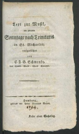 Text zur Musik, am zweyten Sonntage nach Trinitatis, in St. Michaelis
