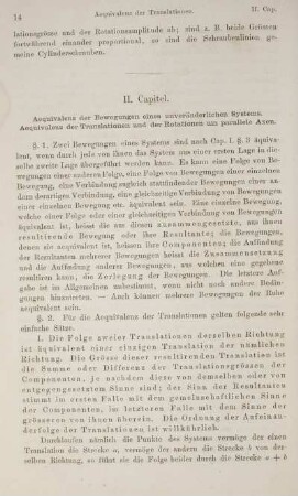 II. Capitel. Aequivalenz der Bewegungen eines unveränderlichen Systems. Aequivalenz der Translationen und der Rotationen um parallele Axen.