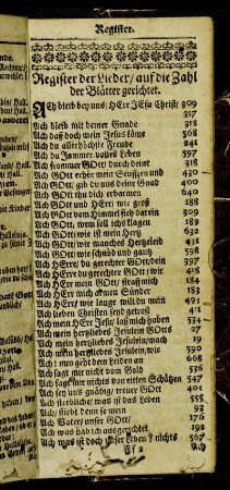 Register der Lieder, auf die Zahl der Blätter gerichtet.