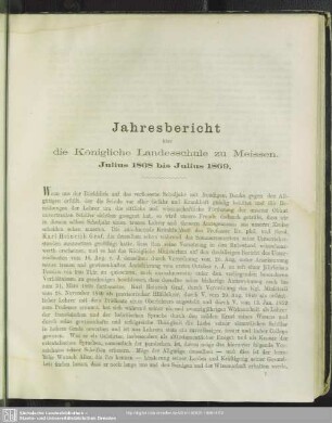 Jahresbericht über die Königliche Landesschule zu Meissen. Julius 1868 bis Julius 1869