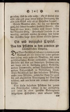 Ein und vierzigstes Capitul. Von den Pflichten in dem gemeinen gesellschaftlichen Umgang. - Drey und vierzigstes Capitul. Von dem Vergnügen.