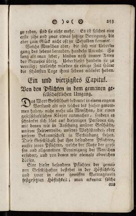Ein und vierzigstes Capitul. Von den Pflichten in dem gemeinen gesellschaftlichen Umgang. - Drey und vierzigstes Capitul. Von dem Vergnügen.