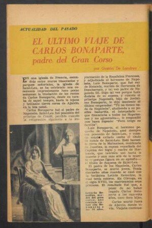 El último viaje de Carlos Bonaparte, padre del Gran Corso : Actualidad del pasado