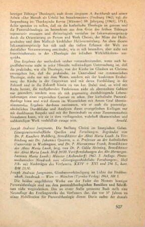 507-508 [Rezension] Jungmann, Josef Andreas, Die Stellung Christi im liturgischen Gebet