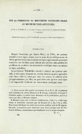 Sur la production du mouvement rectiligne excat, au moyen de tiges articulées.