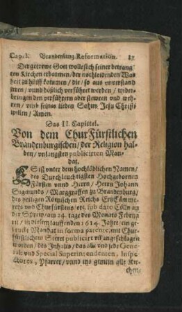 Von dem ChurFürstlichen Brandenburgischen/ der Religion halben/ unlangsten publicirten Mandat.