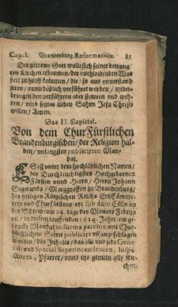Von dem ChurFürstlichen Brandenburgischen/ der Religion halben/ unlangsten publicirten Mandat.