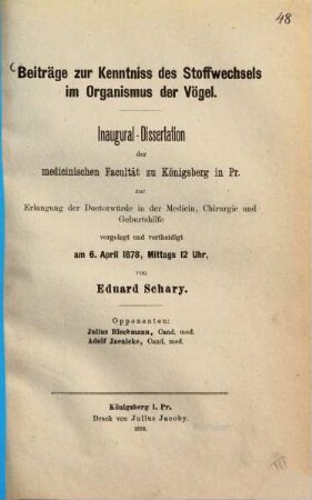 Beiträge zur Kenntniss des Stoffwechsels im Organismus der Vögel : Von Eduard Schary. (Inauguraldissertation.)