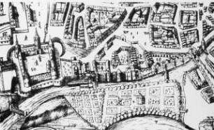 Halle (Saale), Stadtplan, aus Dreyhaupt, Johann Christoph von, Pagus Neletici et Nudzici, ...Halle 1749/50, Detail mit der Moritzburg; Radierer: Johann Wisthof; Plan von Ratsmeister Johann Kost und Bibliothekar Nikolaus Keyser