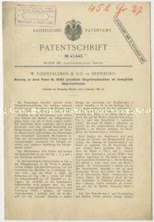 Patentschrift einer Neuerung an durch Patent-Nr. 34385 geschützten Düngerstreumaschinen mit beweglichem Düngerkastenboden, Patent-Nr. 41445