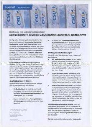 Informationsblatt der CSU zur Flüchtlingspolitik aus der Reihe "Topaktuell" u.a. zur Schaffung zentraler Abschiebestellen in Bayern