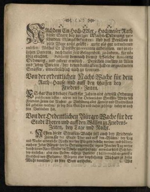Von der Ordentlichen Bürger-Wache für der Stadt Thoren und auff den Wällen zu Friedens-Zeiten, bey Tage und Nacht.