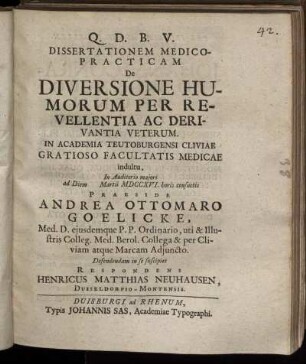 Dissertationem Medico-Practicam De Diversione Humorum Per Revellentia Ac Derivantia Veterum