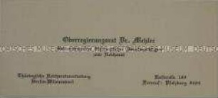Visitenkarte des stellvertretenden thüringischen Bevollmächtigten zum Reichsrat Dr. Metzler aus der Sammlung des Reichskanzlers Wilhelm Marx / Kategorie "Reichsrat" - Sachkonvolut