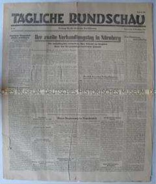 Sowjetische Tageszeitung für die deutsche Bevölkerung "Tägliche Rundschau" u.a. über den Nürnberger Prozess und zur Regierungsbildung in Frankreich