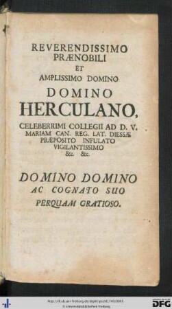 Reverendissimo Praenobili Et Amplissimo Domino Domino Herculano ...