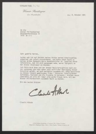 Brief an Wiener Philharmoniker, 09.10.1991